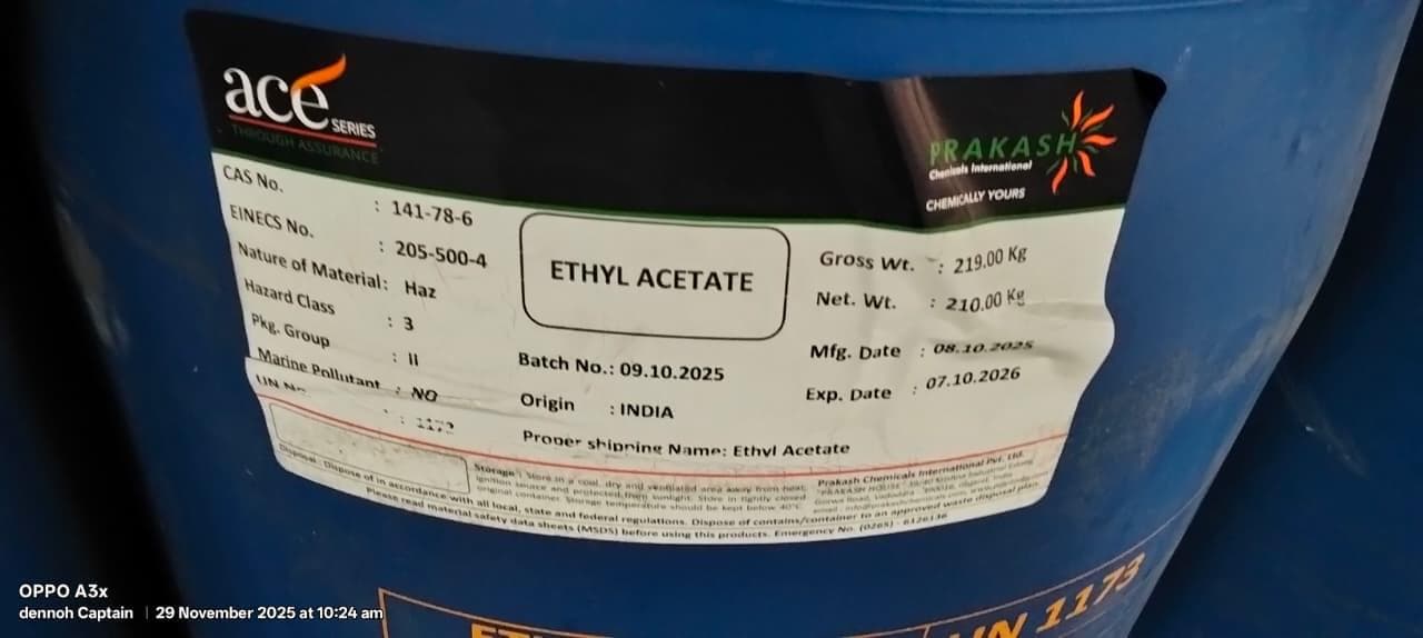 Ethyl Acetate packaging by Prakash Chemicals International