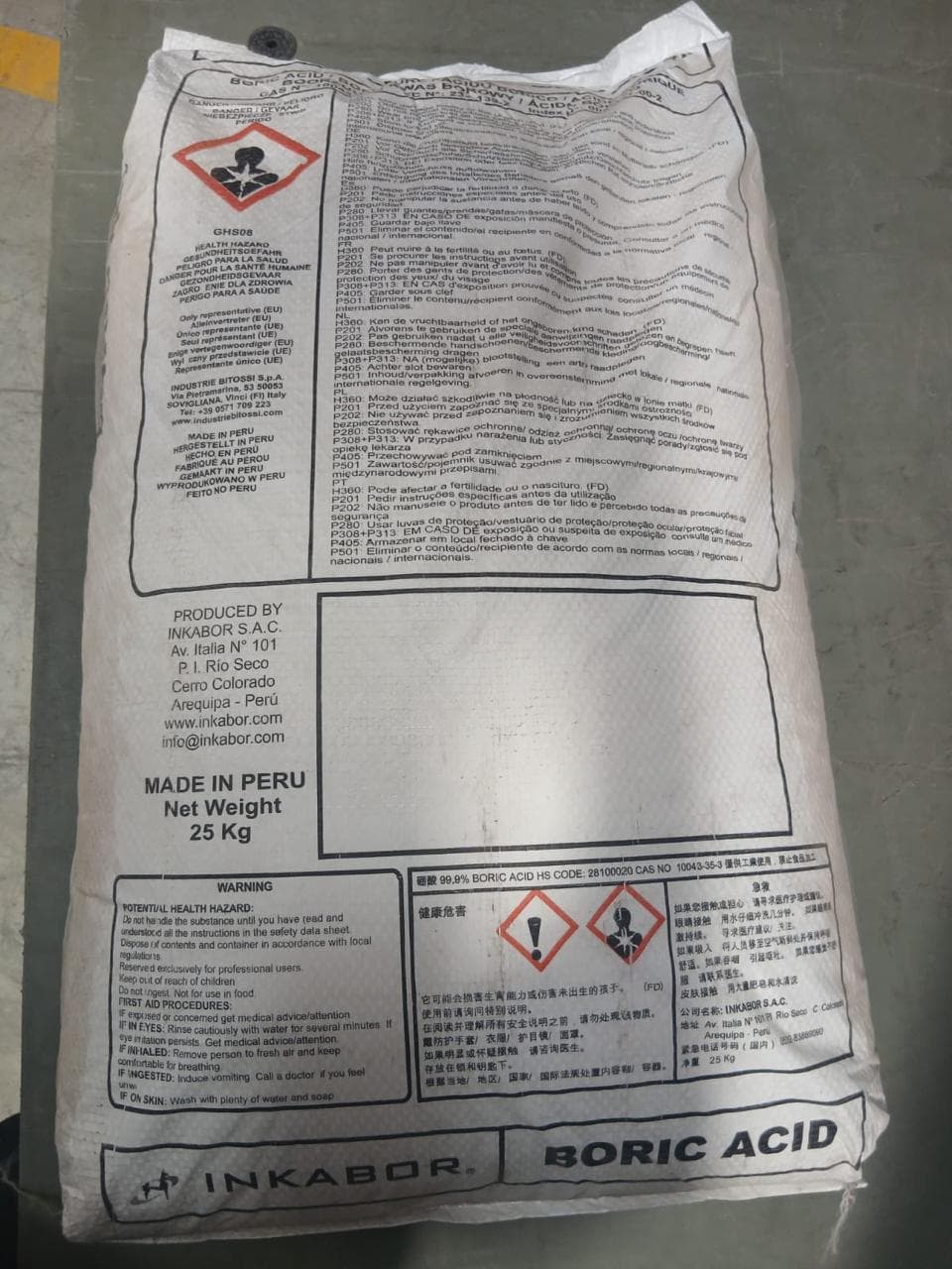 Boric Acid packaged in a 25 kg polypropylene bag from INKABOR.