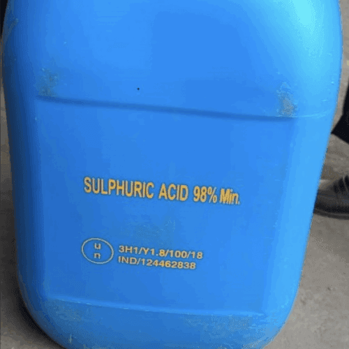 Clear, colorless liquid Sulphuric Acid in a polypropylene drum