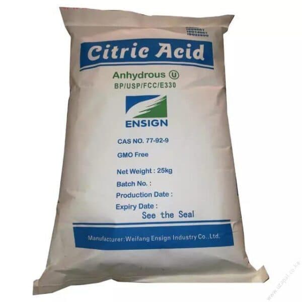 White crystalline powder of Citric Acid in a 25kg bag