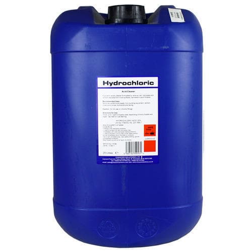 Hydrochloric acid in a 25-litre container for industrial cleaning.