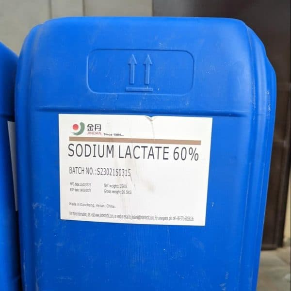 Sodium Lactate 60% in a clear liquid form, used in food and pharmaceutical applications.