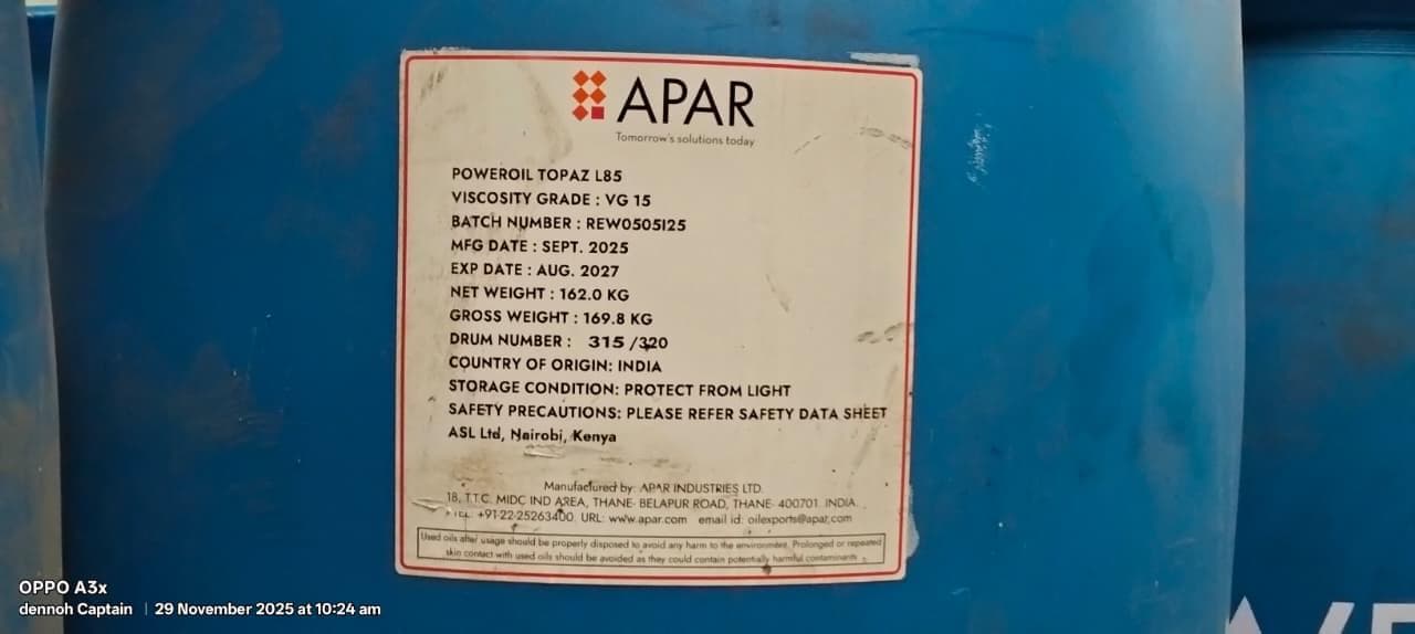 POWEROIL TOPAZ L85 lubricant drum from APAR Industries