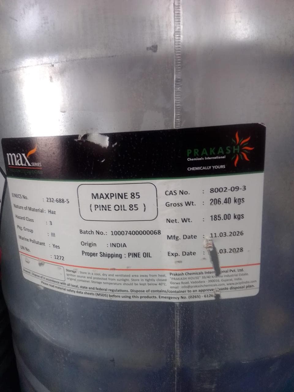 MAXPINE 85 Pine Oil 185 kg drum from Prakash Chemicals